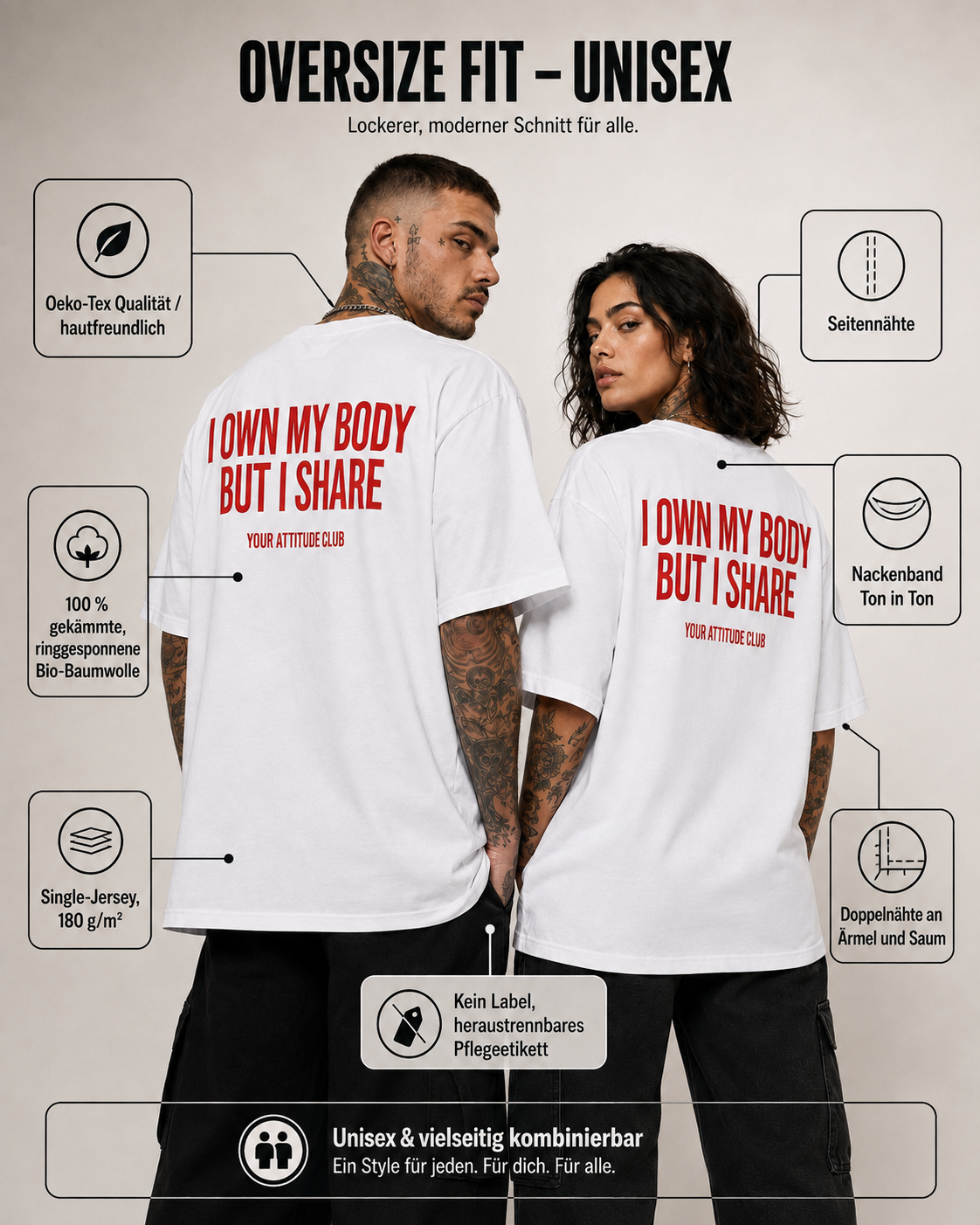 I OWN MY BODY BUT I SHARE – Unisex Oversize T-Shirt mit Backprint, freches Statement Shirt, Streetwear Geschenk für Frauen und Männer
