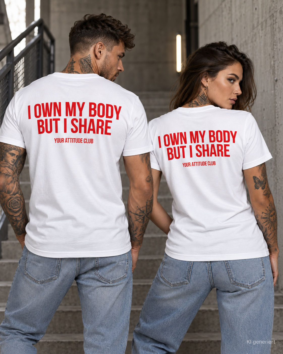 I OWN MY BODY BUT I SHARE – Unisex Statement T-Shirt Weiß mit rotem Print | provokantes Sprüche Shirt