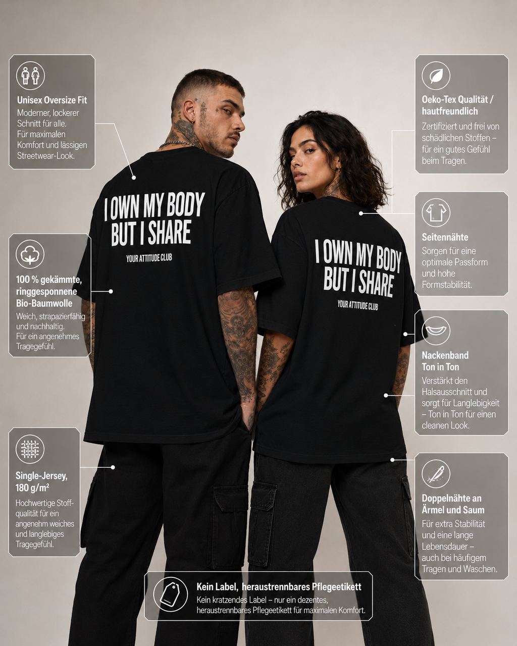 I OWN MY BODY BUT I SHARE – Unisex Oversize T-Shirt mit Backprint, freches Statement Shirt, Streetwear Geschenk für Frauen und Männer