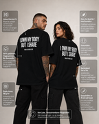 I OWN MY BODY BUT I SHARE – Unisex Oversize T-Shirt mit Backprint, freches Statement Shirt, Streetwear Geschenk für Frauen und Männer