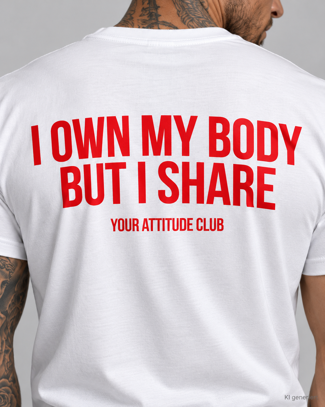 I OWN MY BODY BUT I SHARE – Unisex Statement T-Shirt Weiß mit rotem Print | provokantes Sprüche Shirt