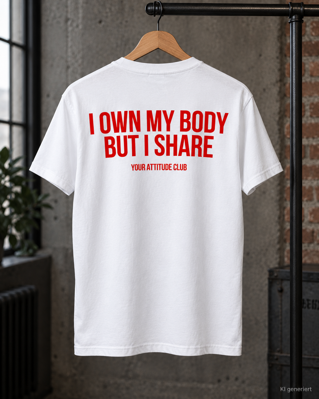 I OWN MY BODY BUT I SHARE – Unisex Statement T-Shirt Weiß mit rotem Print | provokantes Sprüche Shirt