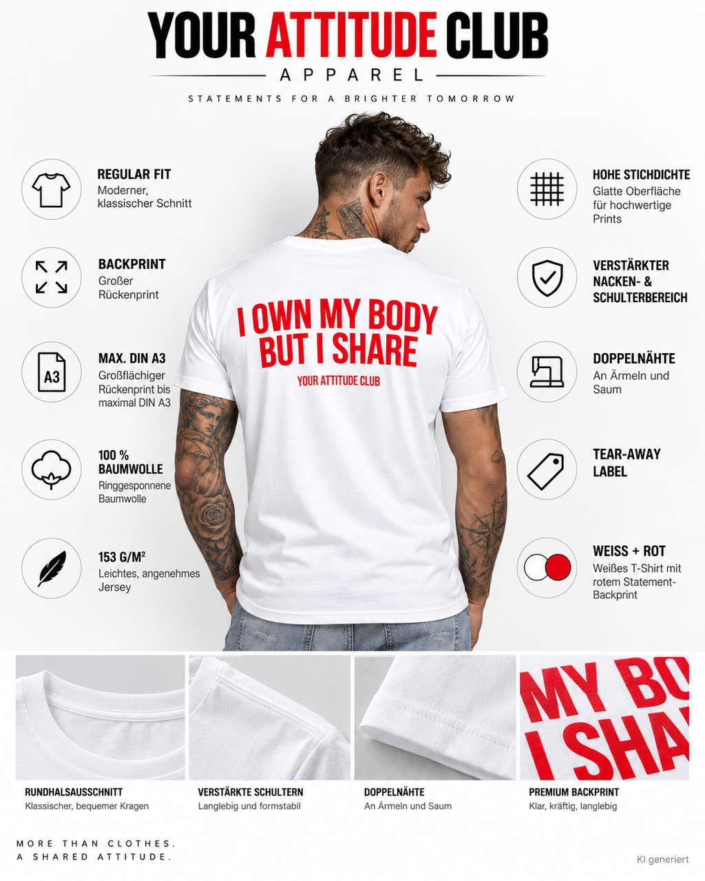 I OWN MY BODY BUT I SHARE – Unisex Statement T-Shirt Weiß mit rotem Print | provokantes Sprüche Shirt