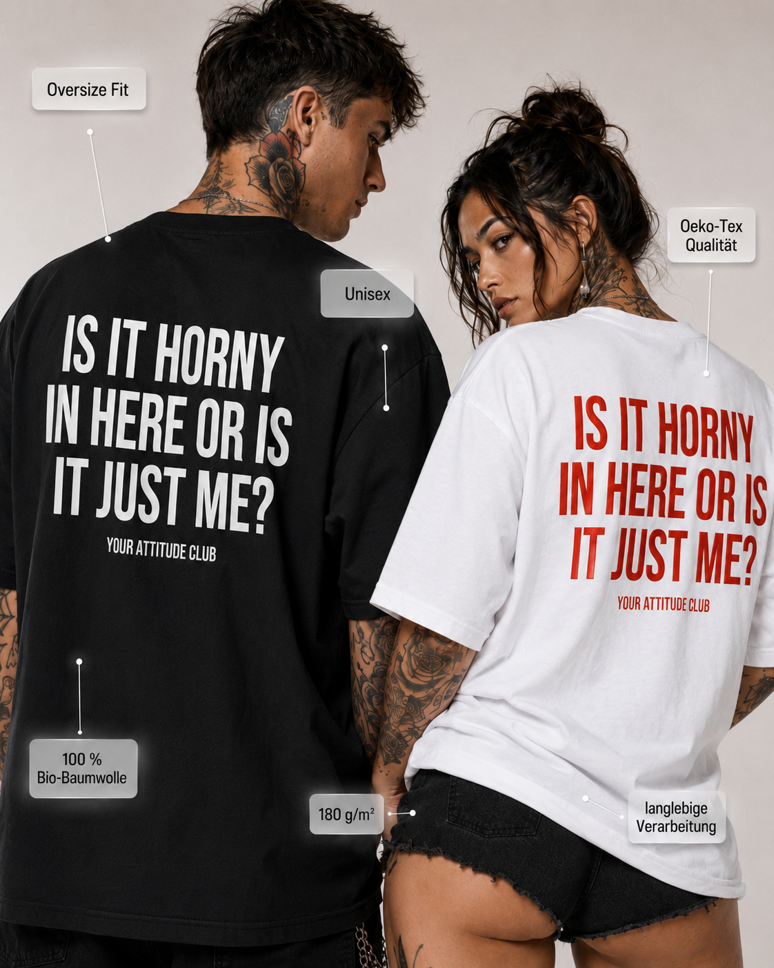 IS IT HORNY IN HERE OR IS IT JUST ME? – schwarzes Oversize Unisex Shirt, weißer Backprint, sexy Statement Shirt, freches Spruchshirt, Party Shirt