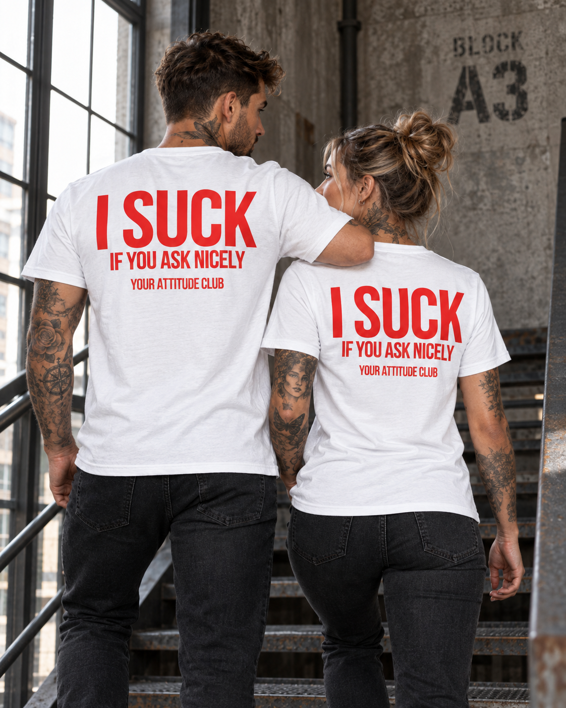 I SUCK IF YOU ASK NICELY – Unisex Statement T-Shirt Weiß mit rotem Backprint | freches doppeldeutiges Sprüche Shirt