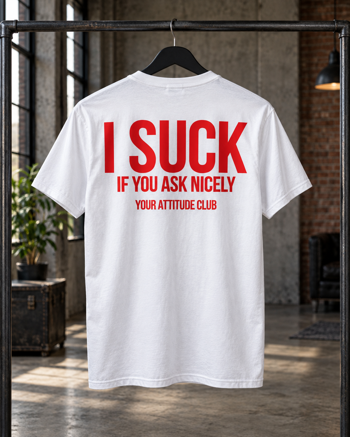 I SUCK IF YOU ASK NICELY – Unisex Statement T-Shirt Weiß mit rotem Backprint | freches doppeldeutiges Sprüche Shirt