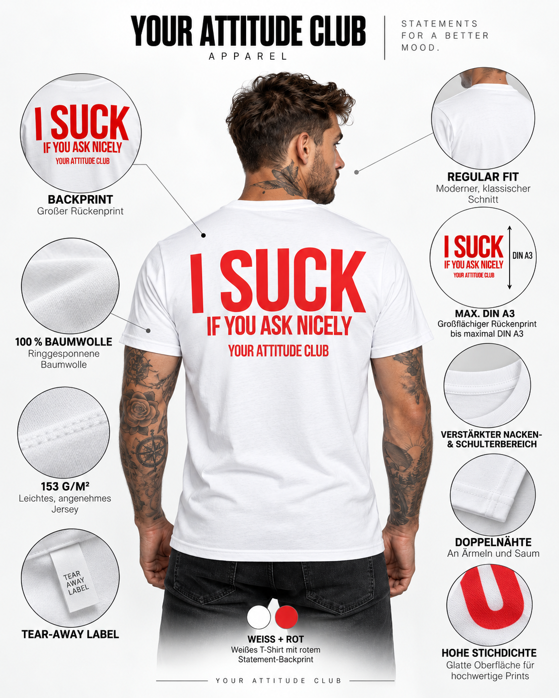 I SUCK IF YOU ASK NICELY – Unisex Statement T-Shirt Weiß mit rotem Backprint | freches doppeldeutiges Sprüche Shirt