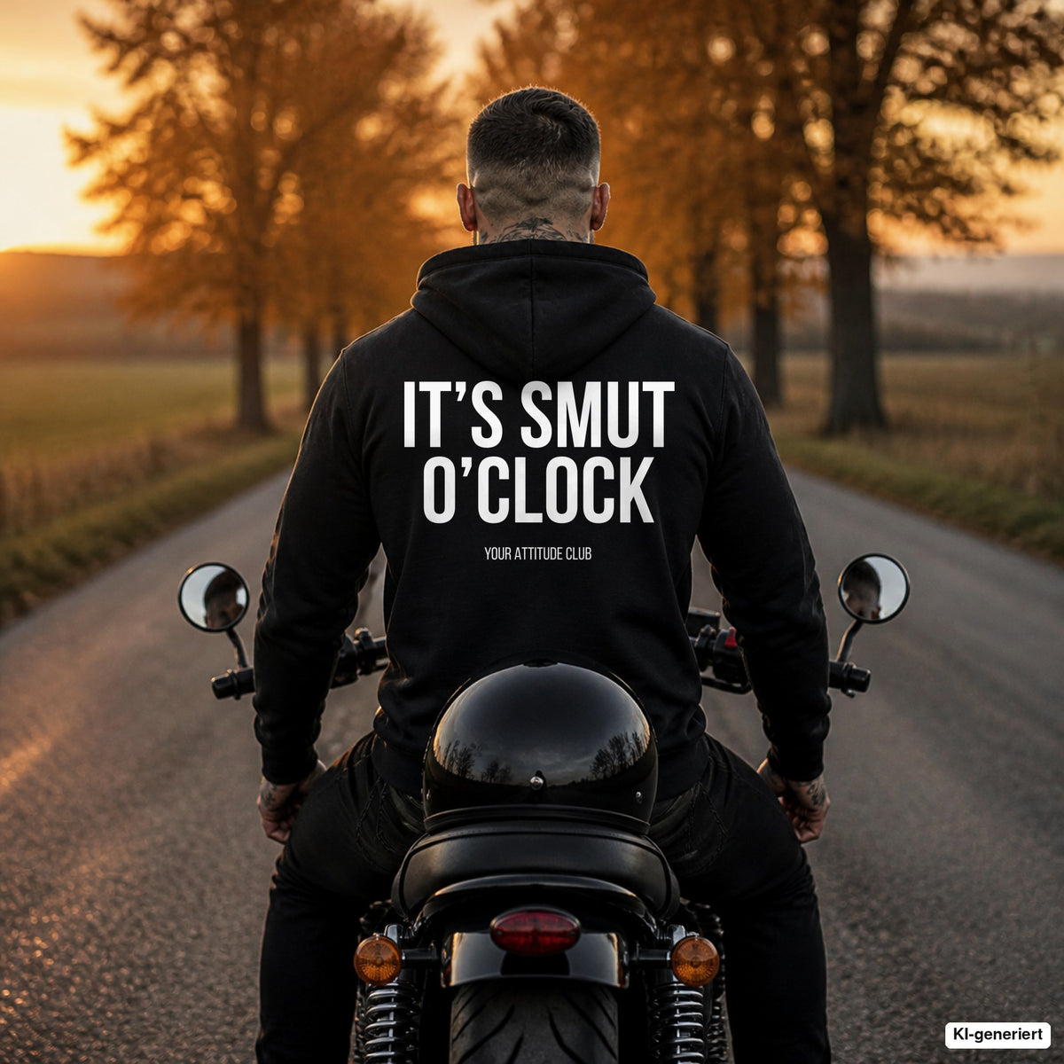 IT’S SMUT O’CLOCK – schwarzer Hoodie mit weißem Backprint, Herren auf dem Motorrad