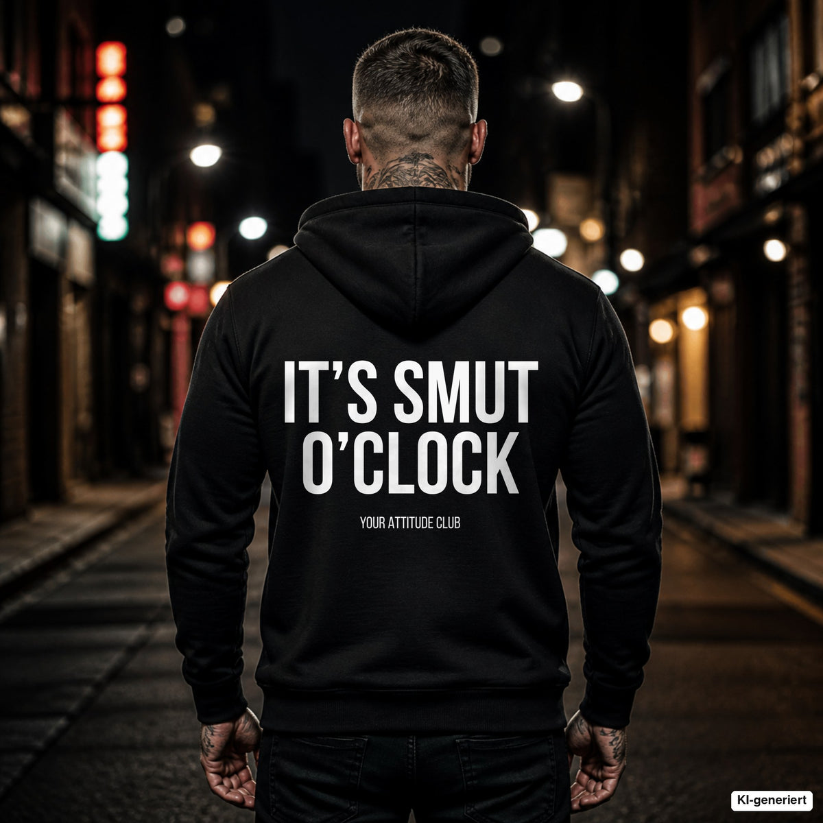 IT’S SMUT O’CLOCK – schwarzer Hoodie mit weißem Backprint, Herren in der Stadt bei Nacht