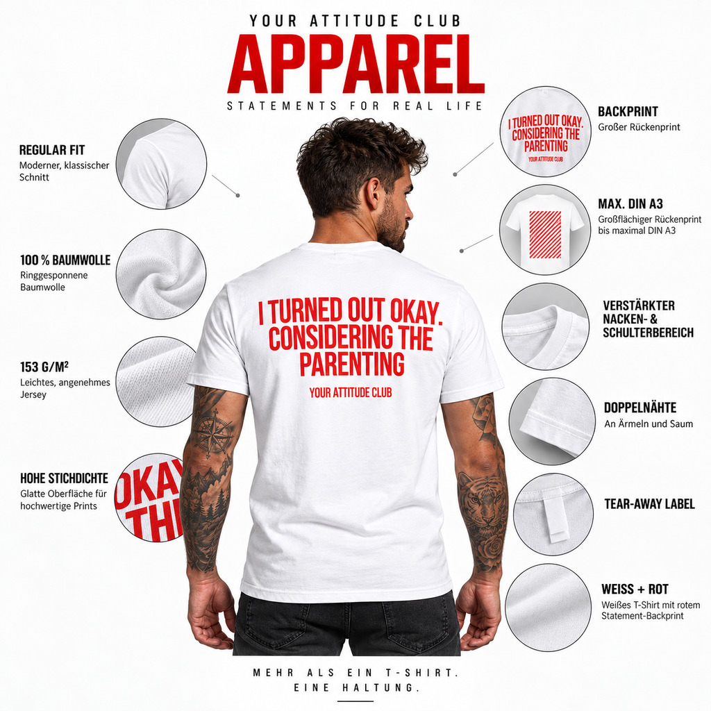 I TURNED OUT OKAY. CONSIDERING THE PARENTING – Unisex Statement T-Shirt Weiß mit rotem Backprint | sarkastisches Sprüche Shirt