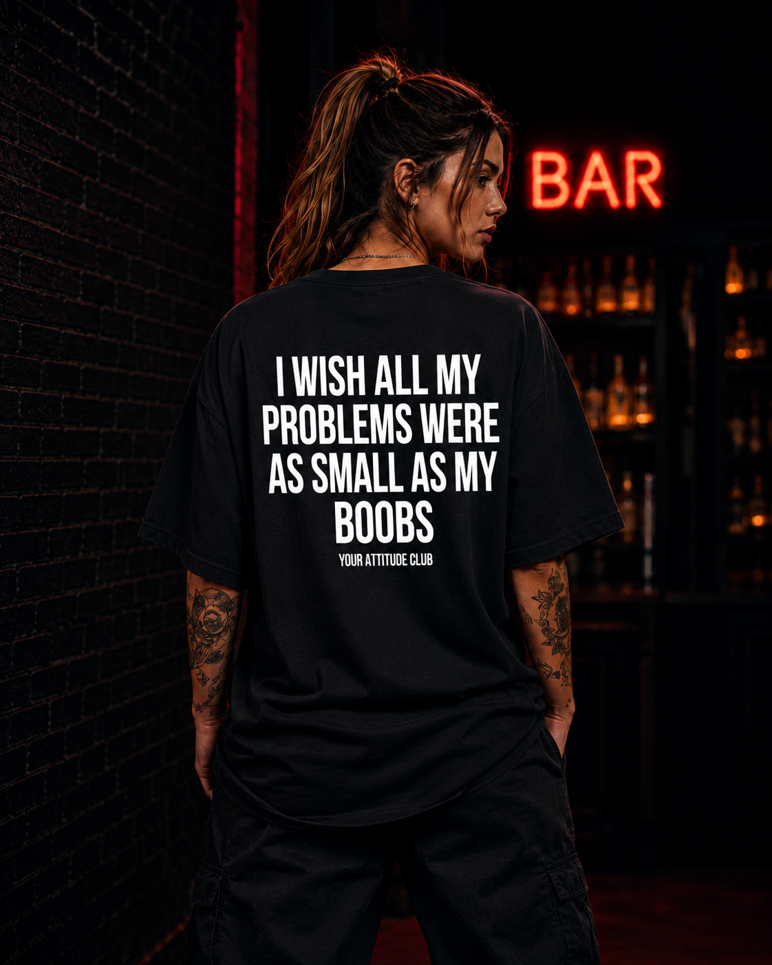 I WISH ALL MY PROBLEMS WERE AS SMALL AS MY BOOBS | Oversize Shirt Unisex mit Backprint, Statement Shirt aus Bio-Baumwolle