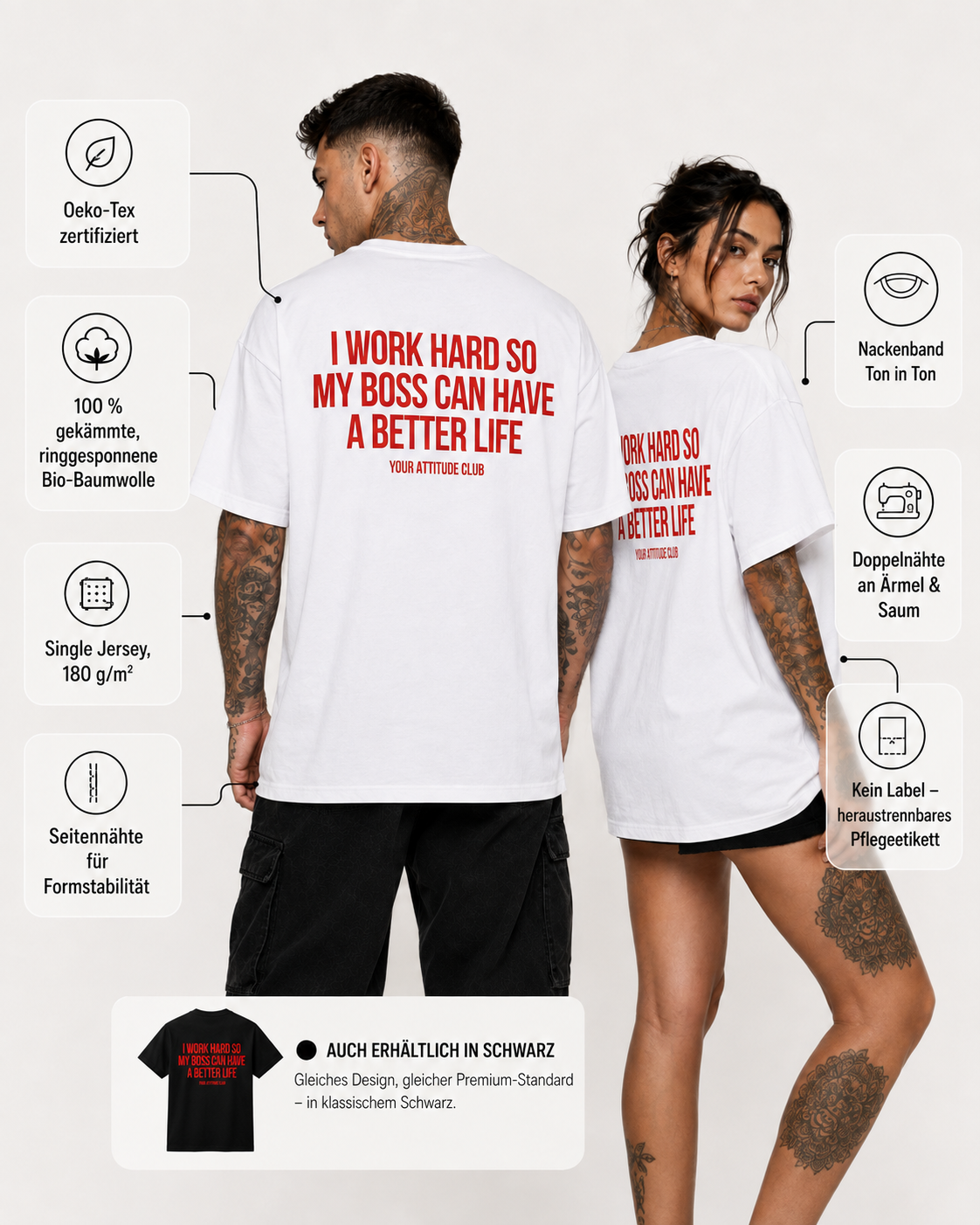 I WORK HARD SO MY BOSS CAN HAVE A BETTER LIFE – weißes Unisex Oversize Shirt mit rotem Backprint, lustiges Büro Shirt, Chef Spruch, Arbeits Humor