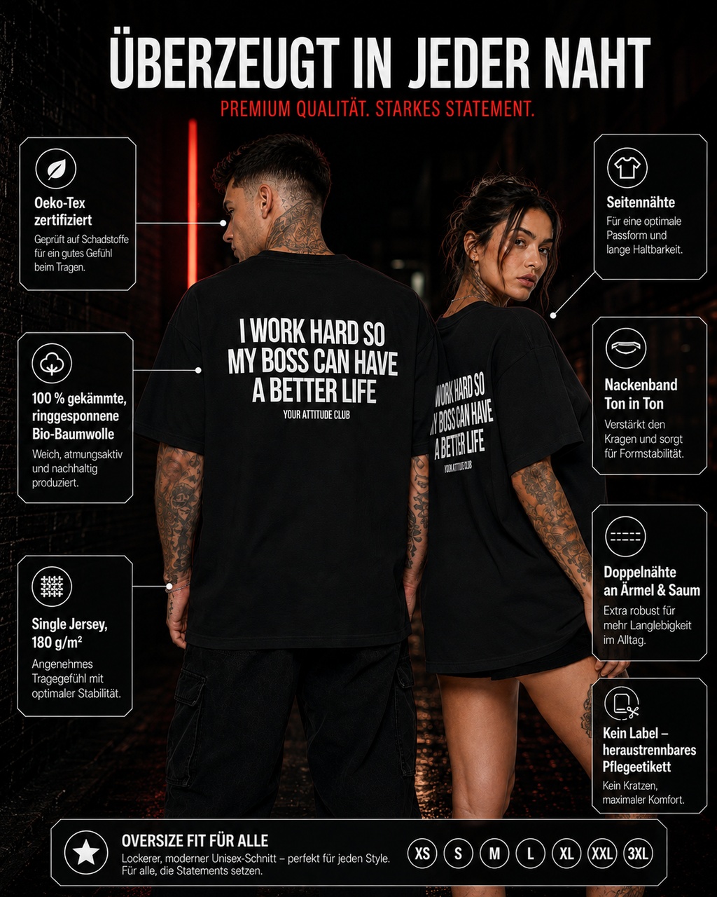 I WORK HARD SO MY BOSS CAN HAVE A BETTER LIFE – weißes Unisex Oversize Shirt mit rotem Backprint, lustiges Büro Shirt, Chef Spruch, Arbeits Humor