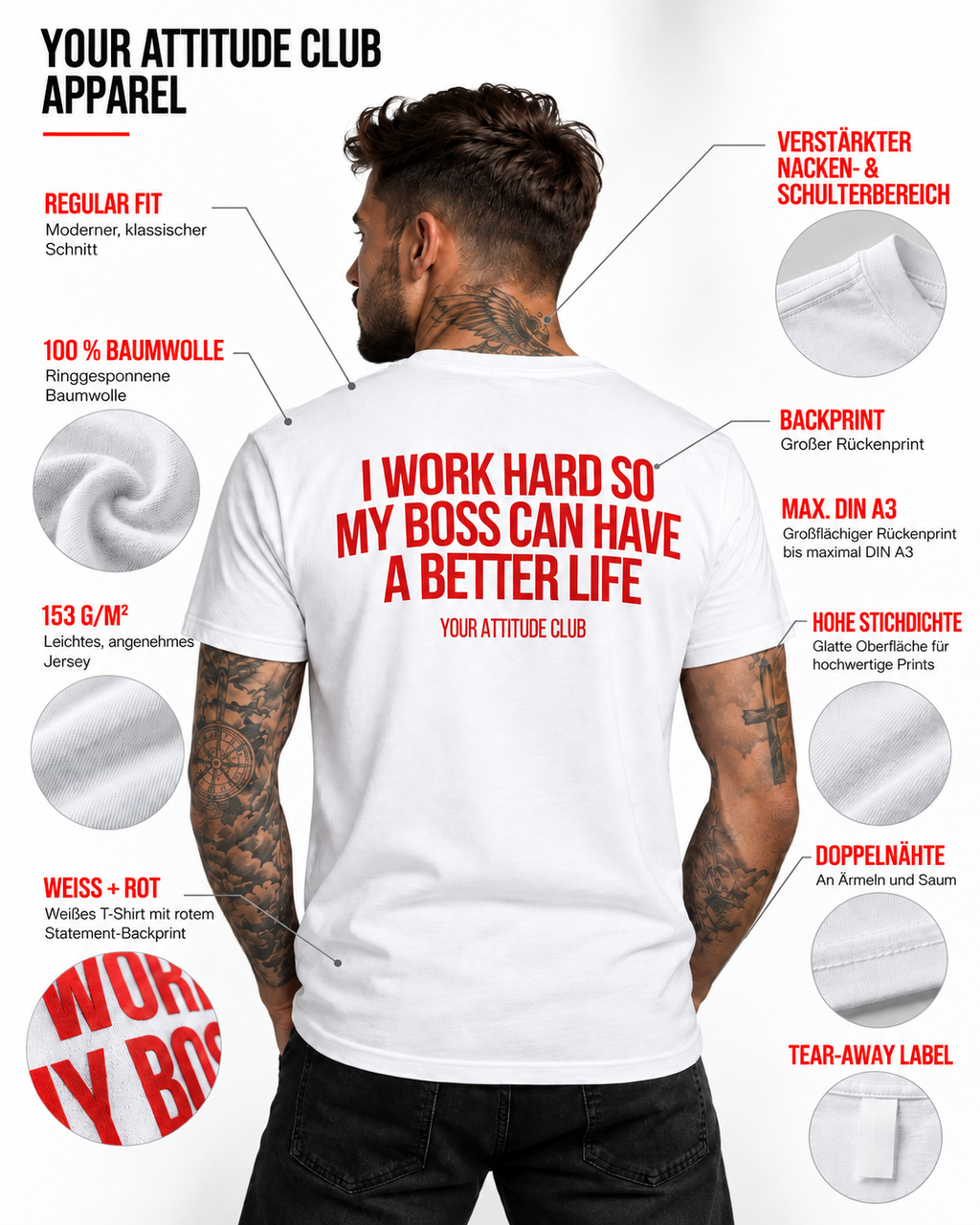 I WORK HARD SO MY BOSS CAN HAVE A BETTER LIFE – Unisex Statement T-Shirt Weiß mit rotem Backprint | freches Büro Sprüche Shirt