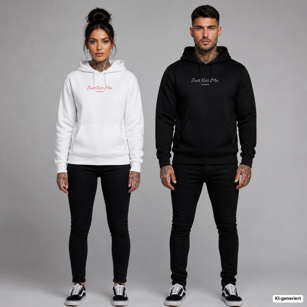 Just Kiss Me – Hoodie mit Frontprint, Frau in Weiß mit rotem und Mann in Schwarz mit weißem Aufdruck