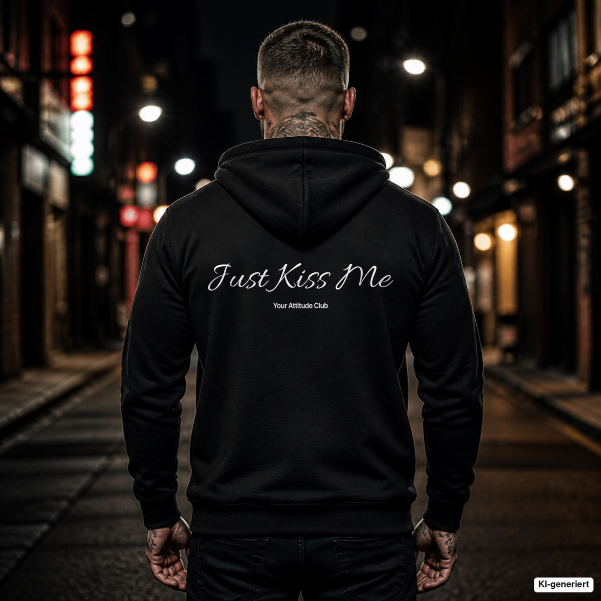 Just Kiss Me – schwarzer Hoodie mit weißem Backprint, Herren in der Stadt bei Nacht