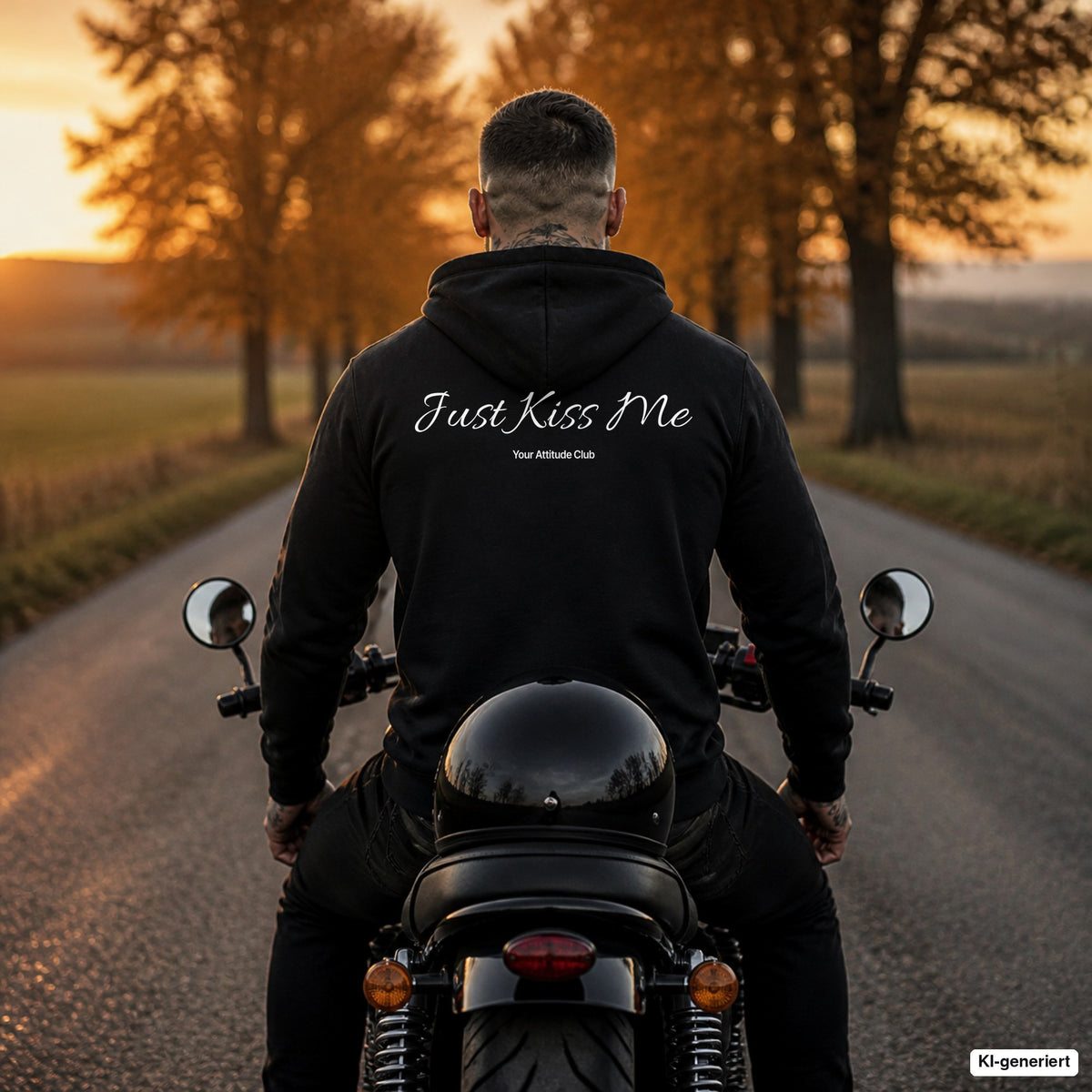 Just Kiss Me – schwarzer Hoodie mit weißem Backprint, Herren auf dem Motorrad