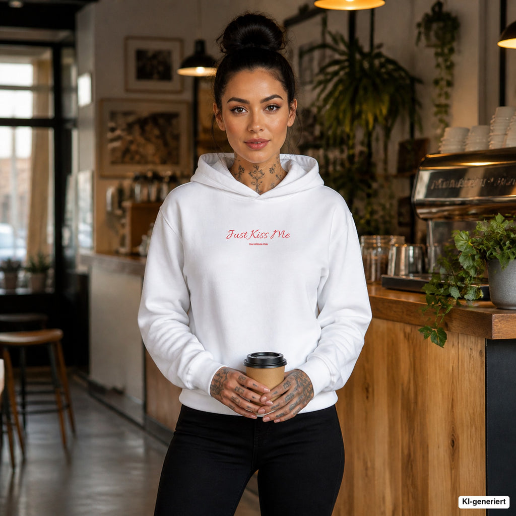 Just Kiss Me – weißer Hoodie mit rotem Frontprint, Damen im Café