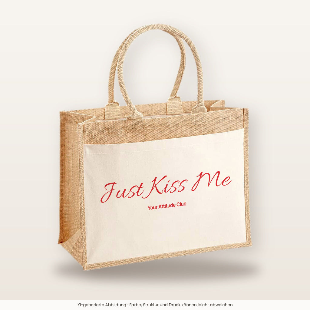 Just Kiss Me – Jutetasche mit Spruch, große Jutetasche, Produktansicht