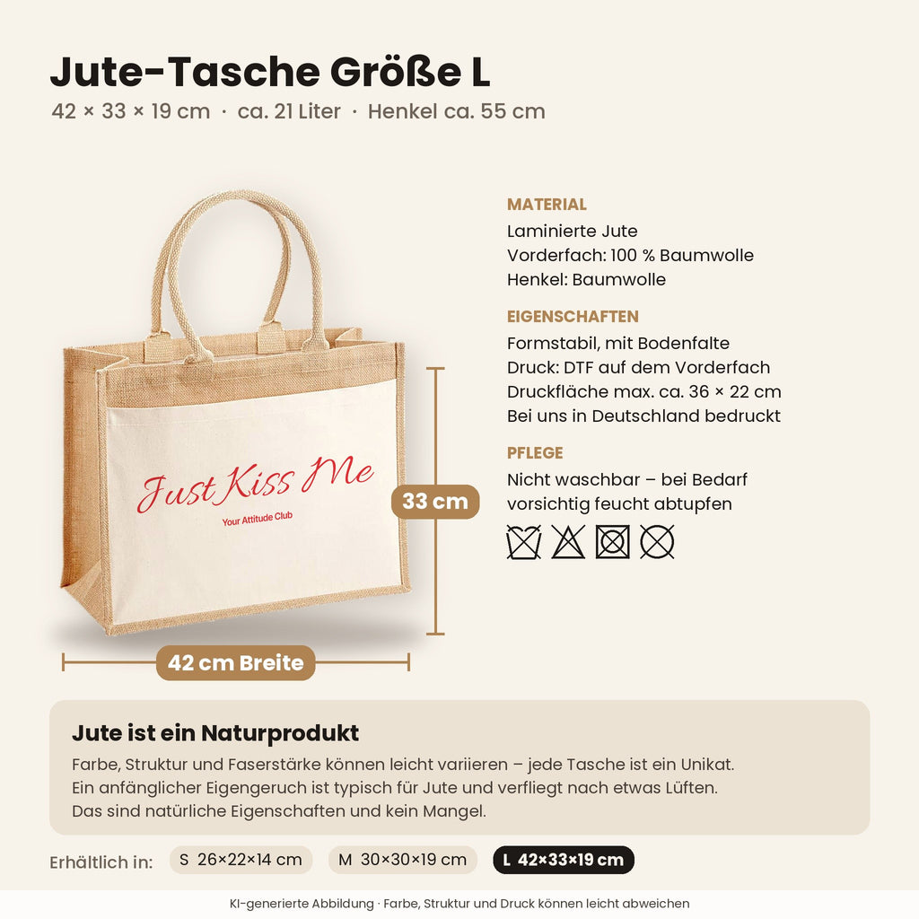 Just Kiss Me – Jutetasche mit Spruch, Maße, Material und Pflege
