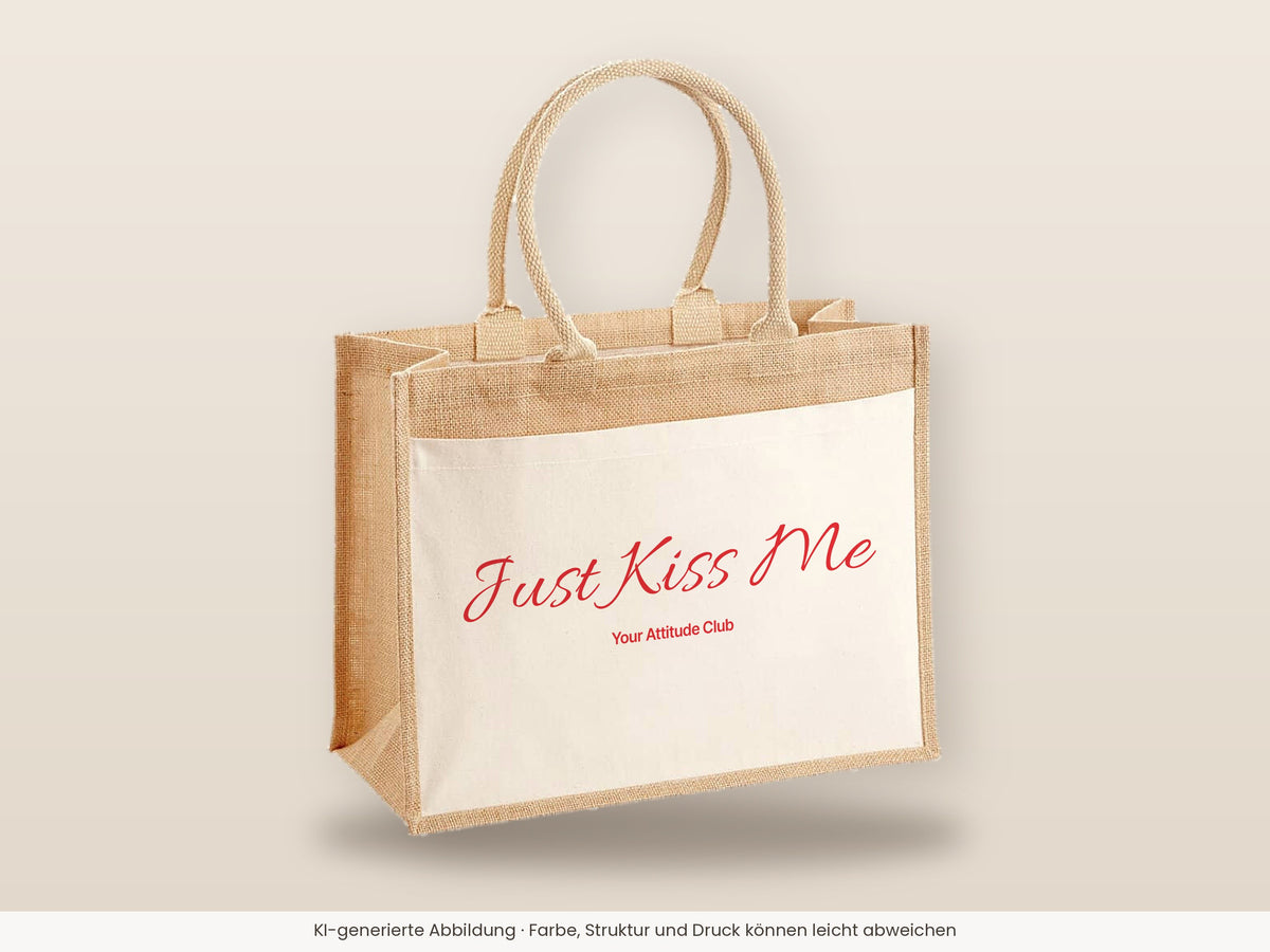 Just Kiss Me – Jutetasche mit Spruch, große Jutetasche, Detailansicht