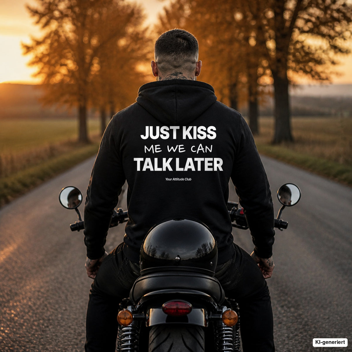 Just Kiss Me We Can Talk Later – schwarzer Hoodie mit weißem Backprint, Herren auf dem Motorrad