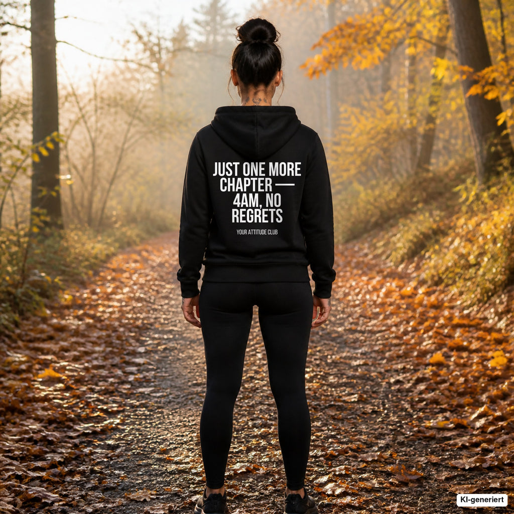 Just one more chapter — 4am, no regrets – schwarzer Hoodie mit weißem Backprint, Damen beim Joggen im Herbst