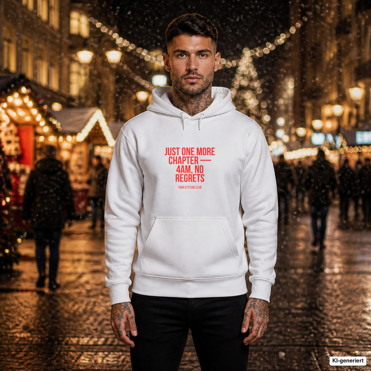 Just one more chapter — 4am, no regrets – weißer Hoodie mit rotem Frontprint, Herren auf dem Weihnachtsmarkt