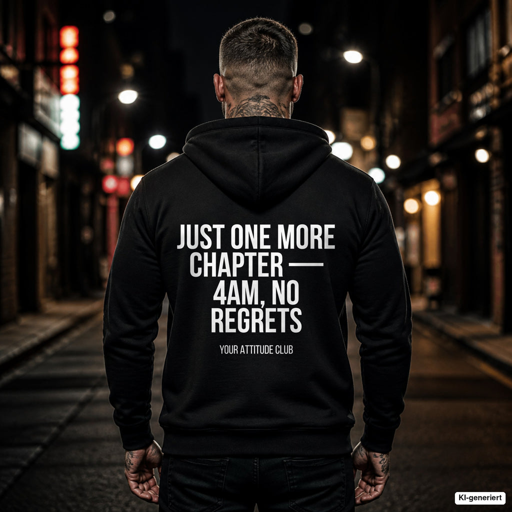 Just one more chapter — 4am, no regrets – schwarzer Hoodie mit weißem Backprint, Herren in der Stadt bei Nacht