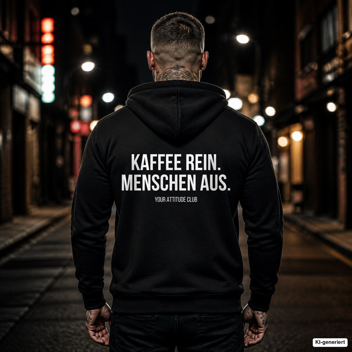 Kaffee rein. Menschen aus – schwarzer Hoodie mit weißem Backprint, Herren in der Stadt bei Nacht
