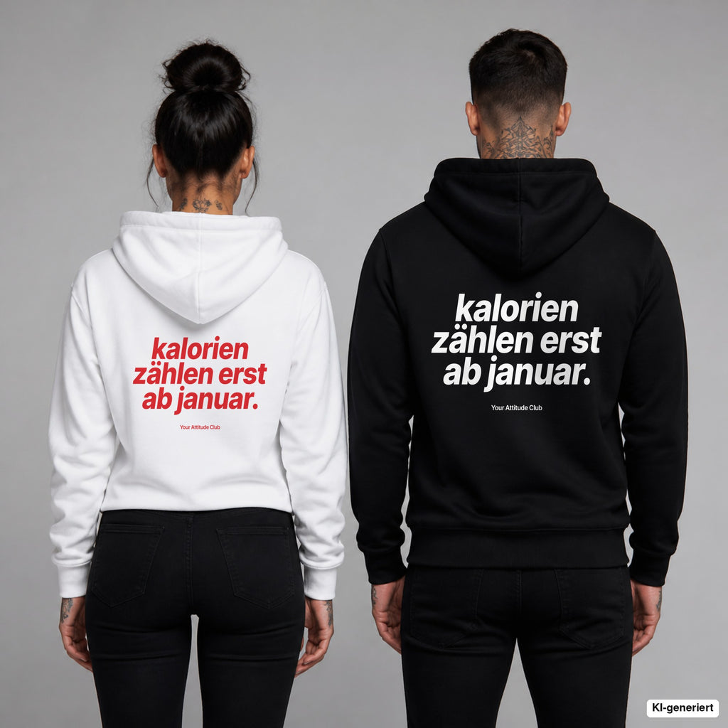 Kalorien zählen erst ab Januar – Hoodie mit Backprint, Frau in Weiß mit rotem und Mann in Schwarz mit weißem Aufdruck