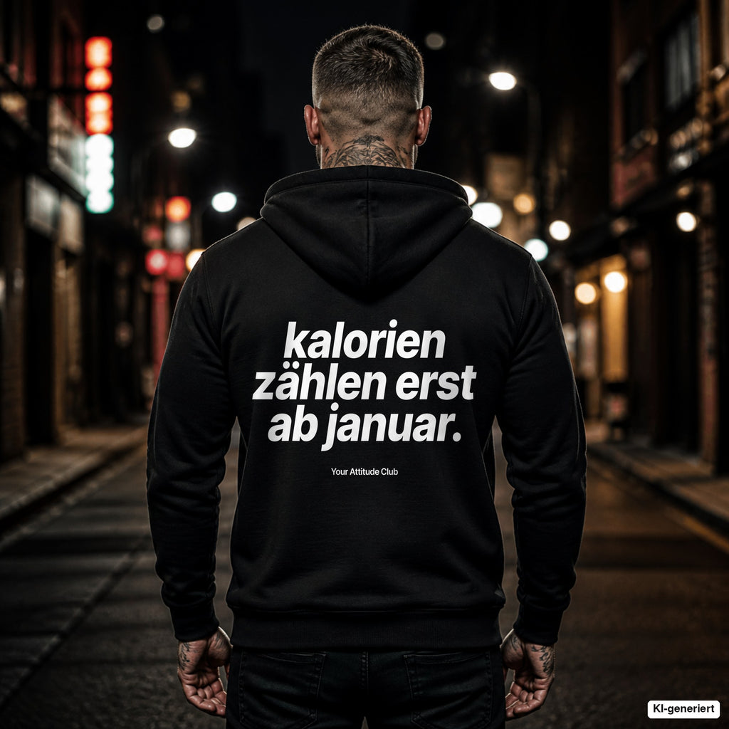 Kalorien zählen erst ab Januar – schwarzer Hoodie mit weißem Backprint, Herren in der Stadt bei Nacht