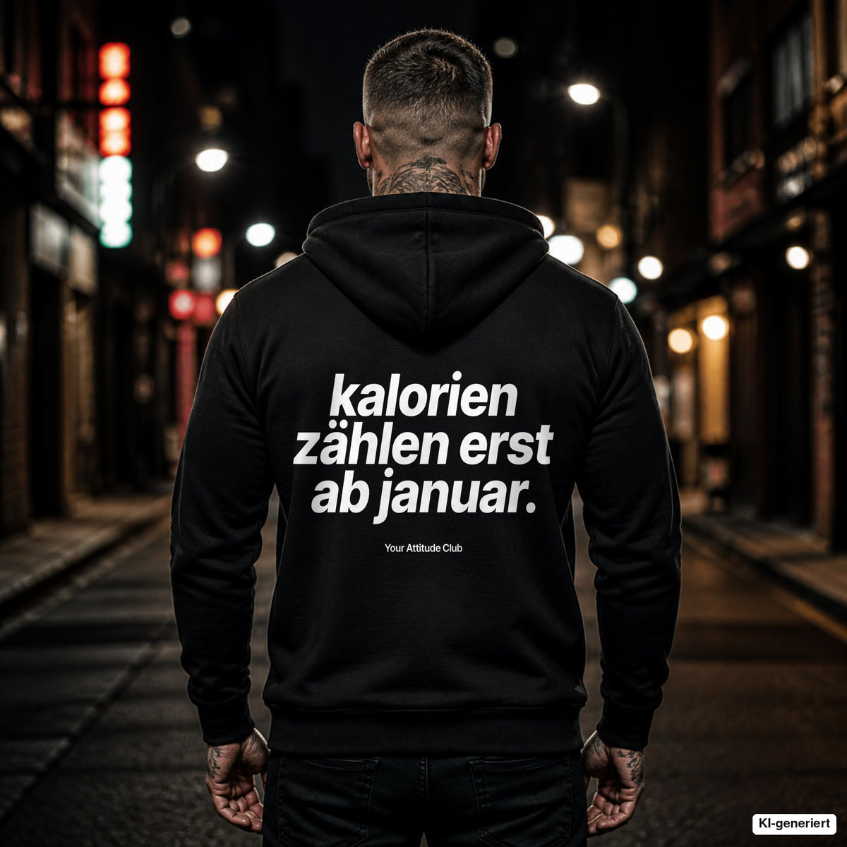 Kalorien zählen erst ab Januar – schwarzer Hoodie mit weißem Backprint, Herren in der Stadt bei Nacht