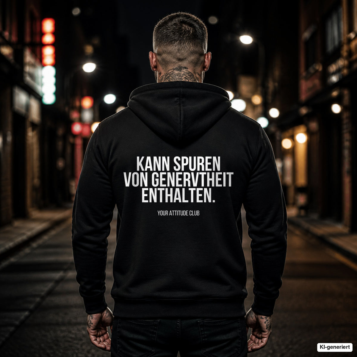 Kann Spuren von Genervtheit enthalten – schwarzer Hoodie mit weißem Backprint, Herren in der Stadt bei Nacht