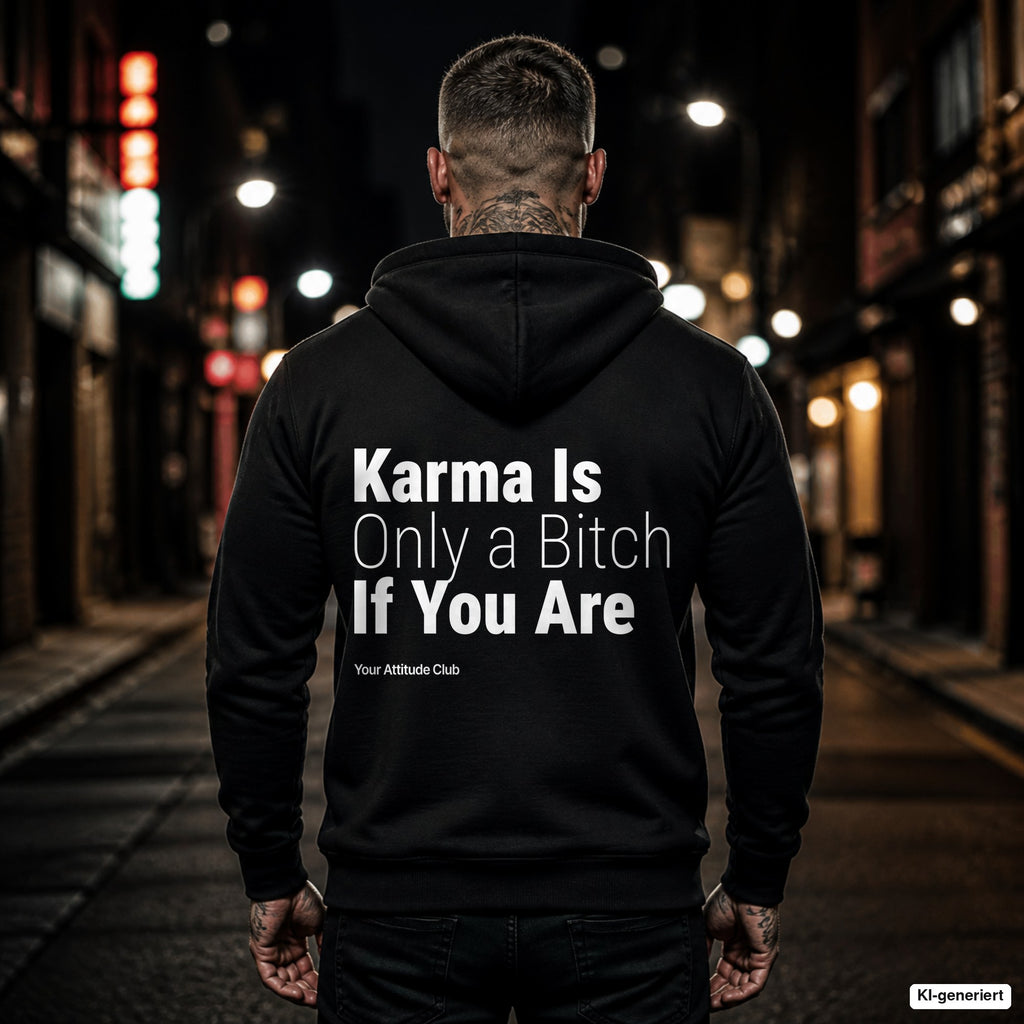 Karma Is Only a Bitch If You Are – schwarzer Hoodie mit weißem Backprint, Herren in der Stadt bei Nacht