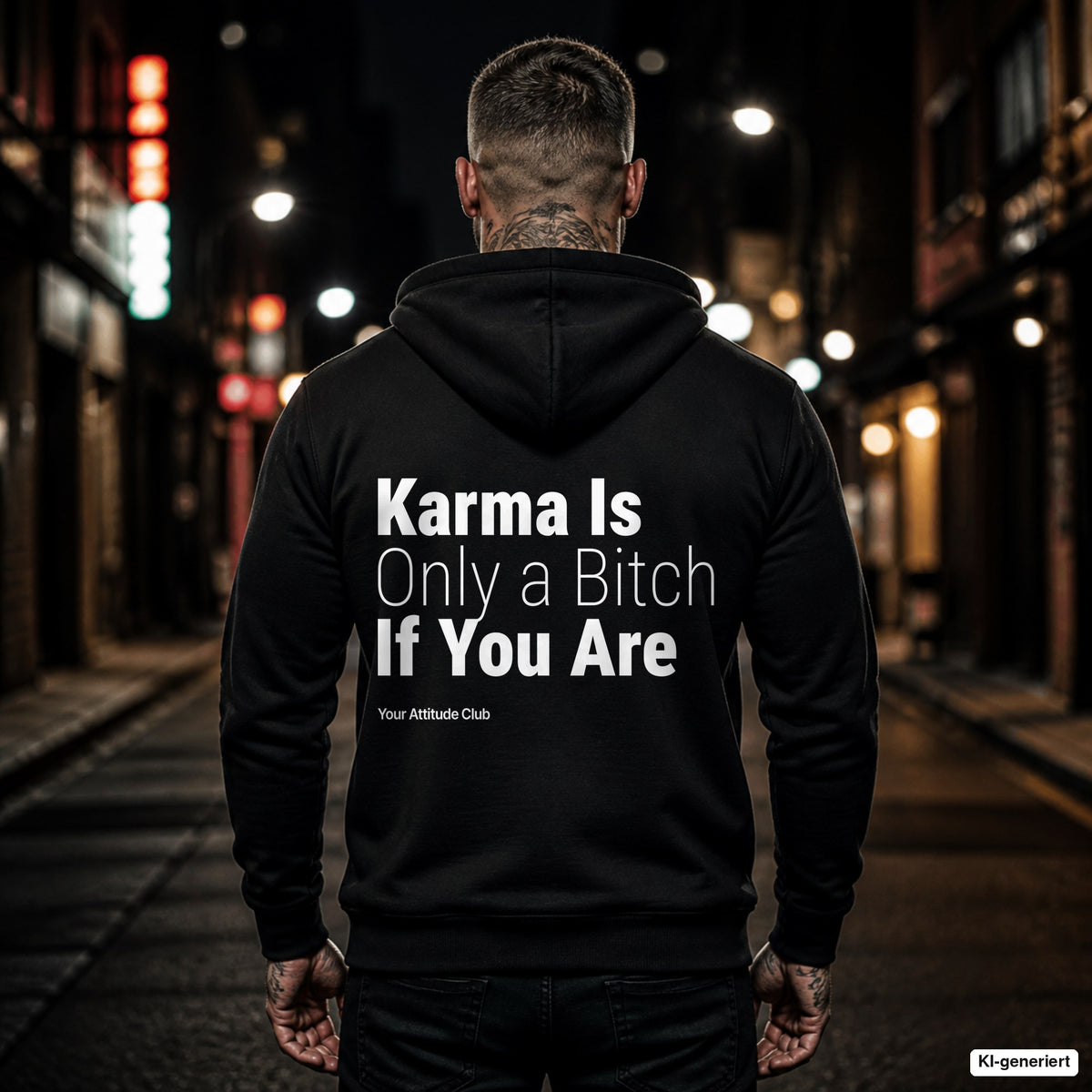 Karma Is Only a Bitch If You Are – schwarzer Hoodie mit weißem Backprint, Herren in der Stadt bei Nacht