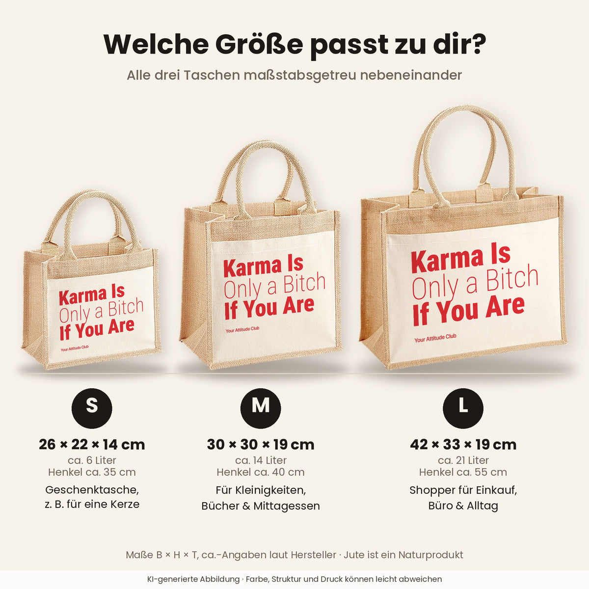 Karma Is Only a Bitch If You Are – Jutetasche mit Spruch, Größenvergleich klein, mittel, groß