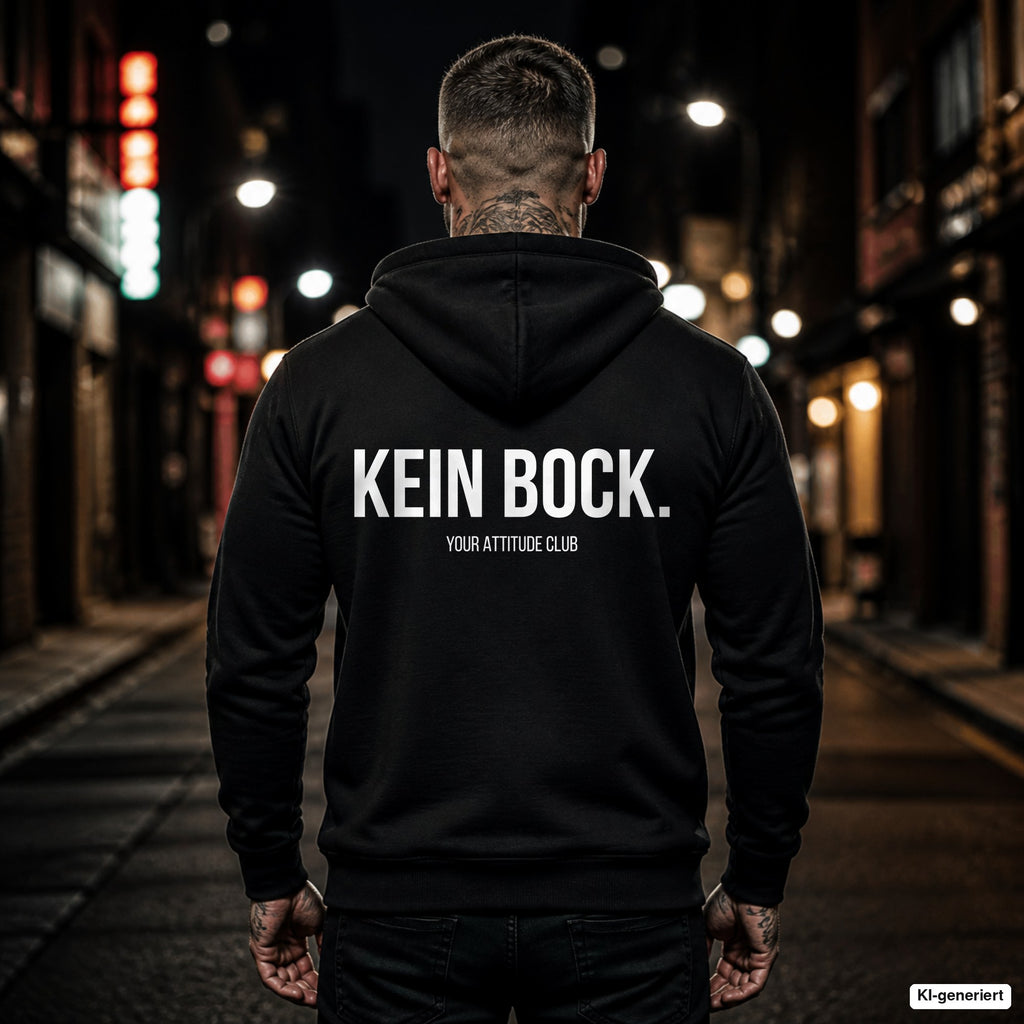 KEIN BOCK. – schwarzer Hoodie mit weißem Backprint, Herren in der Stadt bei Nacht
