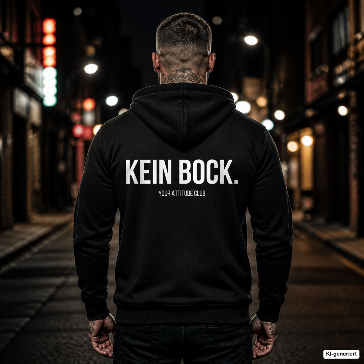 KEIN BOCK. – schwarzer Hoodie mit weißem Backprint, Herren in der Stadt bei Nacht