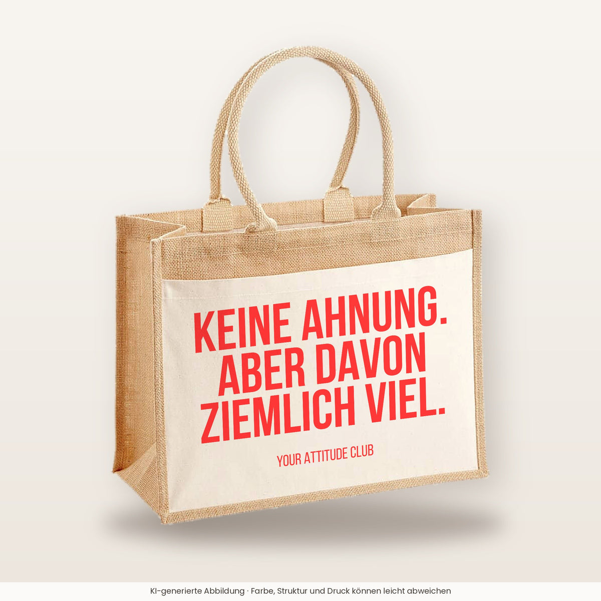 Keine Ahnung. Aber davon ziemlich viel. – Jutetasche mit Spruch, große Jutetasche, Produktansicht