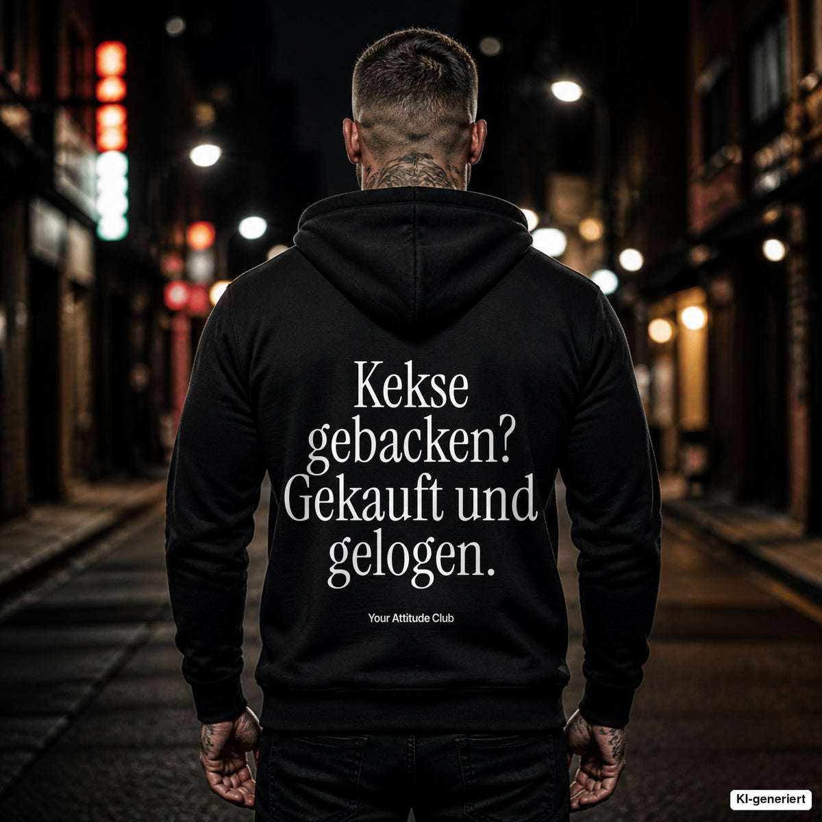 Kekse gebacken? Gekauft und gelogen – schwarzer Hoodie mit weißem Backprint, Herren in der Stadt bei Nacht