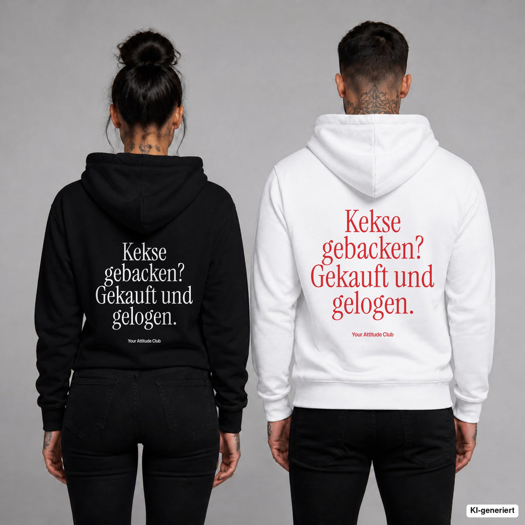 Kekse gebacken? Gekauft und gelogen – Hoodie mit Backprint, Frau in Schwarz und Mann in Weiß