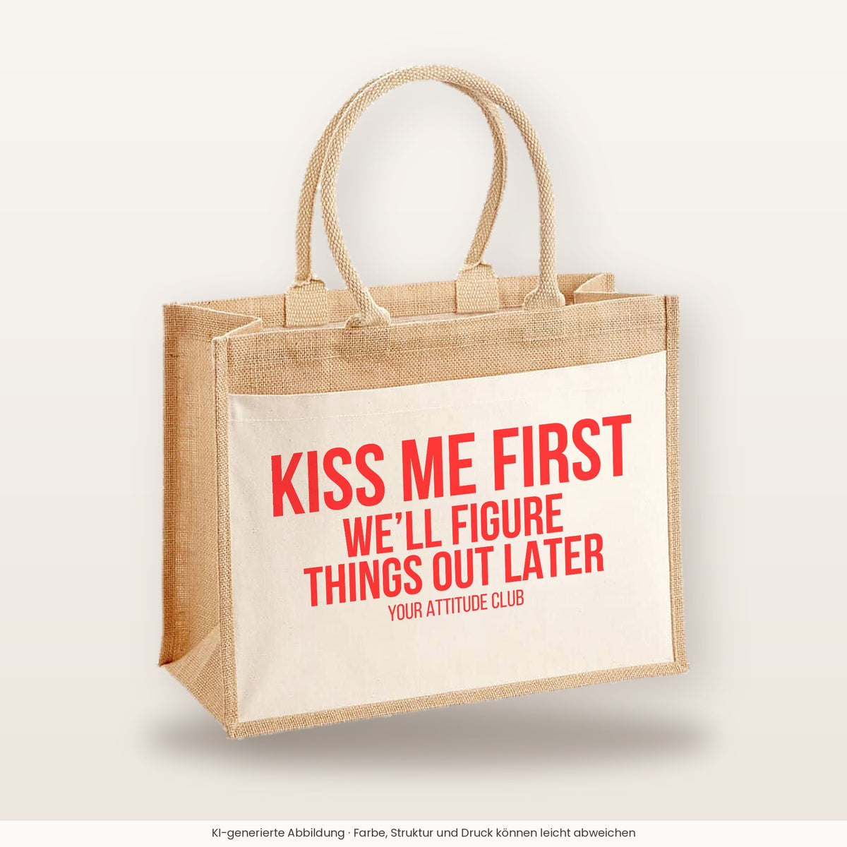 Kiss me first we'll figure things out later – Jutetasche mit Spruch, große Jutetasche, Produktansicht