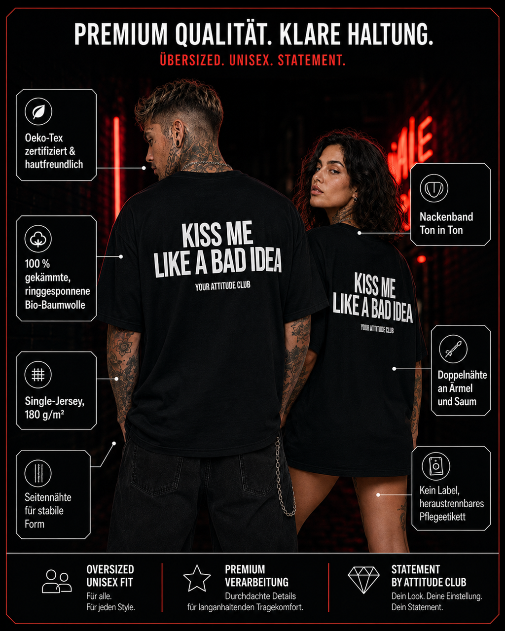 KISS ME LIKE A BAD IDEA – schwarzes Oversize Unisex Shirt, weißer Backprint, freches Statement Shirt, sexy Spruchshirt, lustiges Geschenk, Streetwear