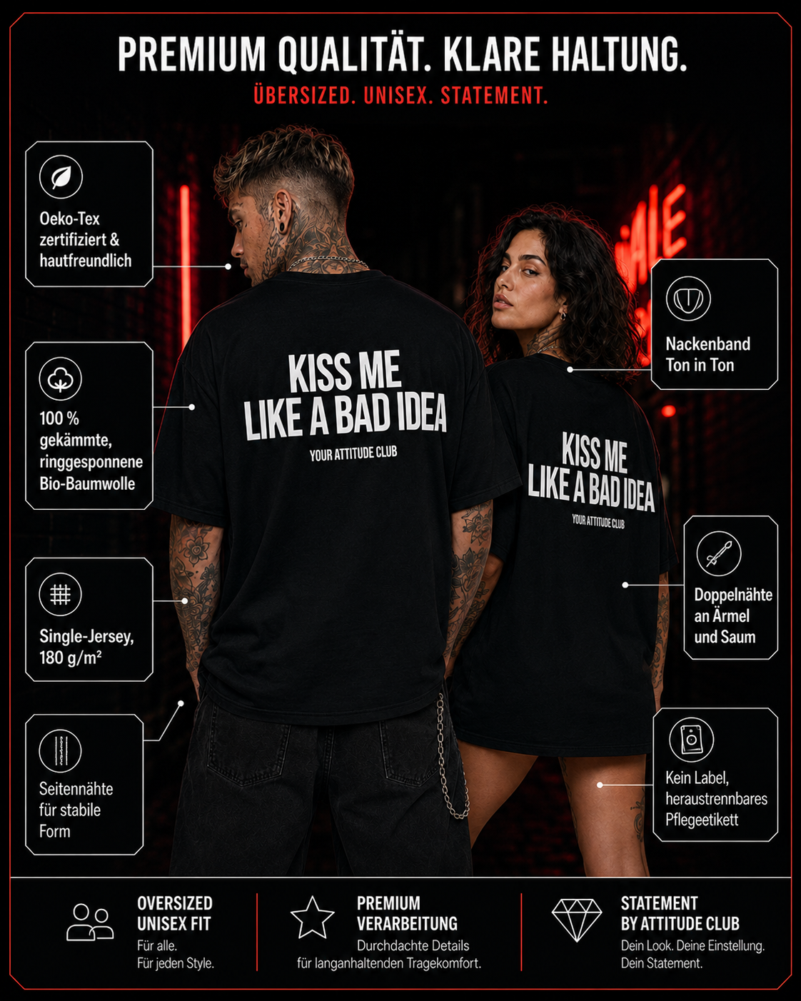 KISS ME LIKE A BAD IDEA – schwarzes Oversize Unisex Shirt, weißer Backprint, freches Statement Shirt, sexy Spruchshirt, lustiges Geschenk, Streetwear