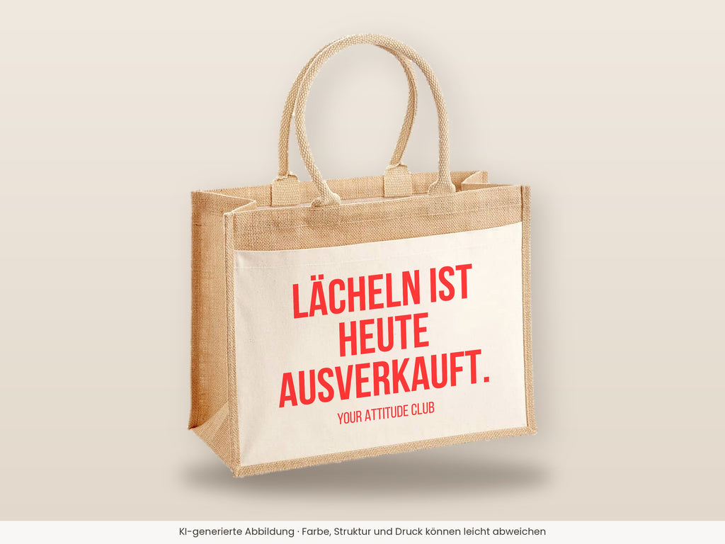 Lächeln ist heute ausverkauft. – Jutetasche mit Spruch, große Jutetasche, Detailansicht