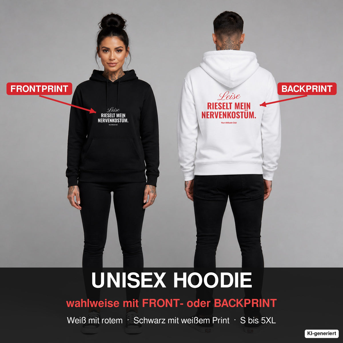 Leise rieselt mein Nervenkostüm – Hoodie wahlweise mit Frontprint oder Backprint – Frau vorne in Schwarz, Mann hinten in Weiß