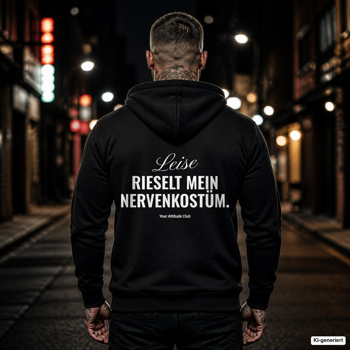 Leise rieselt mein Nervenkostüm – schwarzer Hoodie mit weißem Backprint, Herren in der Stadt bei Nacht