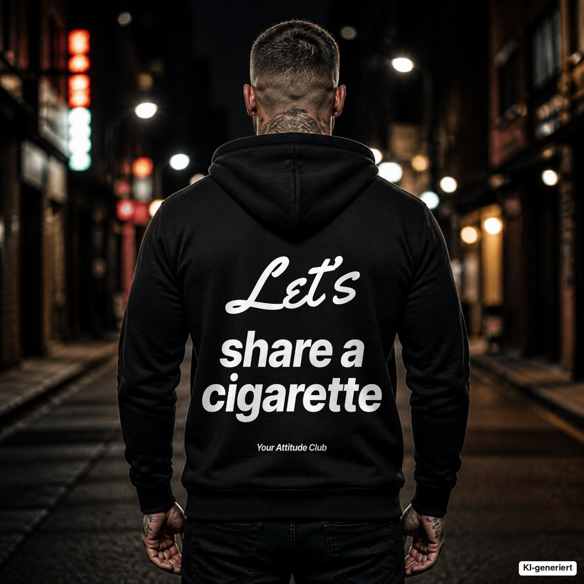 Let’s Share a Cigarette – schwarzer Hoodie mit weißem Backprint, Herren in der Stadt bei Nacht