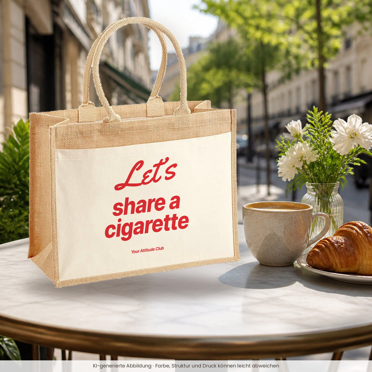 Let’s Share a Cigarette – Jutetasche mit Spruch, im Café